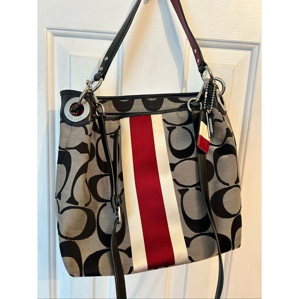 COACH Signature Hampton Stripe Purse Classic Logo Shoulder Bag Black Red White 1 - Picture 3 of 10